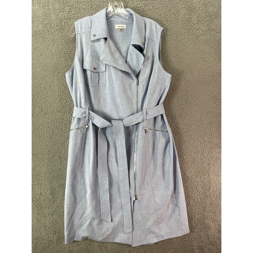 Calvin Klein Sleeveless Trench Dress Womens 16W Light Blue Excellent Belted Zip